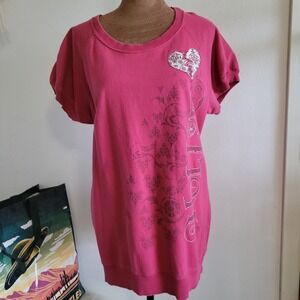 Nollie Womens Pink Graphic Short Sleeve Sweatshirt Heart XL 100% Cotton *Flaw